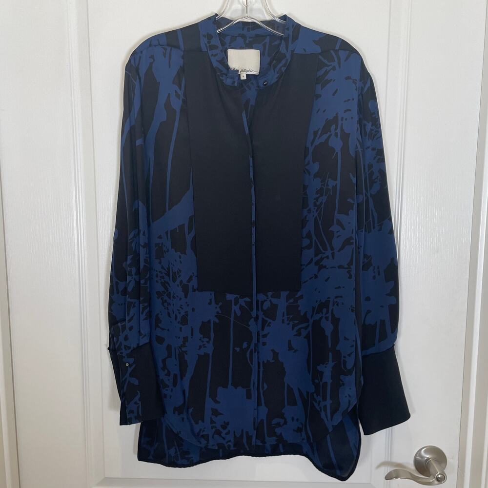 3.1 Phillip‎ Lim Silk Blouse Blue Black Floral Art Deco Cuffs Tunic Length 8